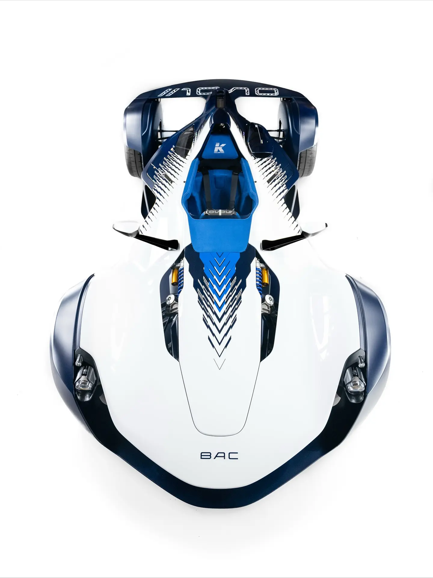 Complete overhead view of the blue and white BAC Mono