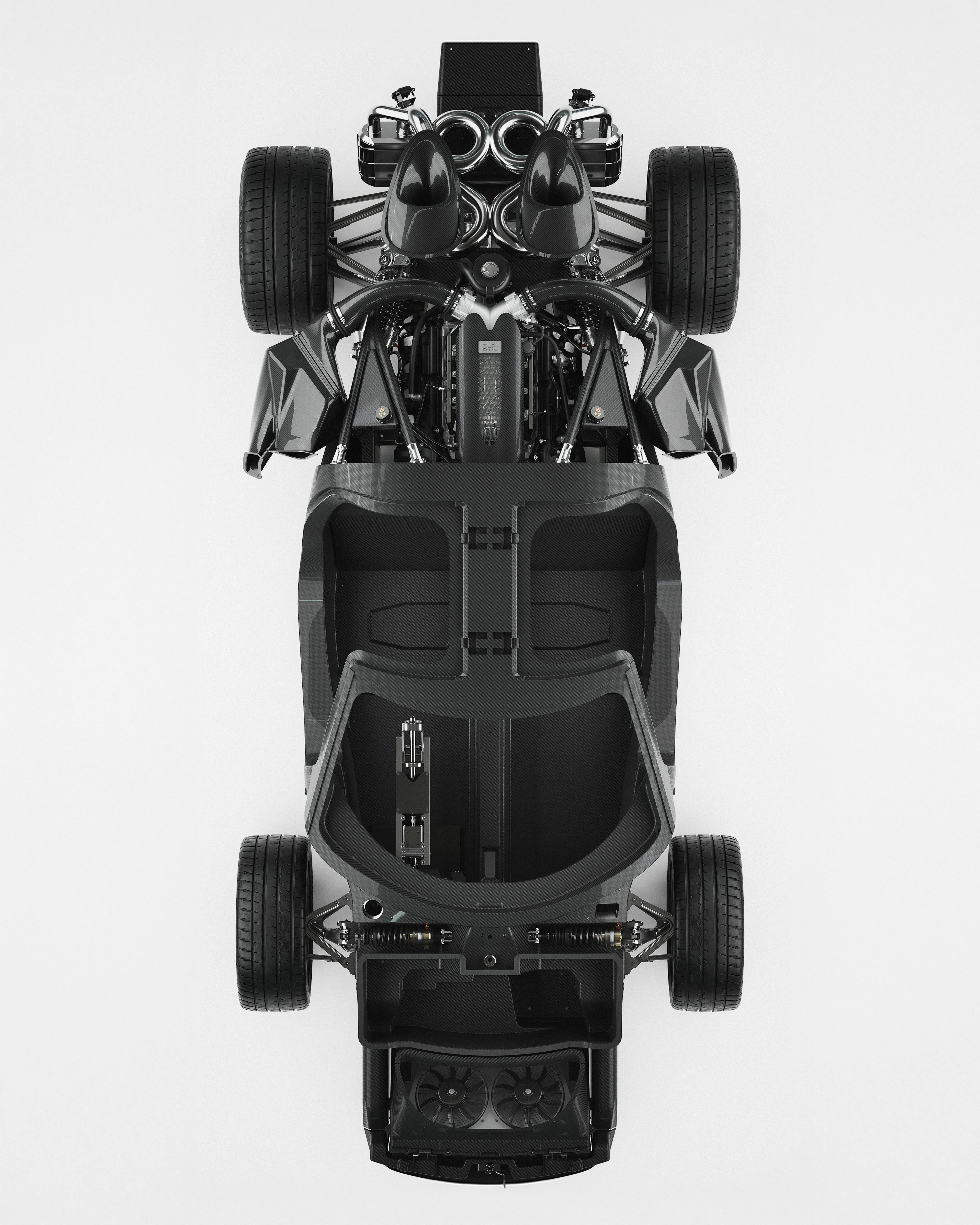 Technical overhead view of the Capricorn chassis, powertrain and carbon structure