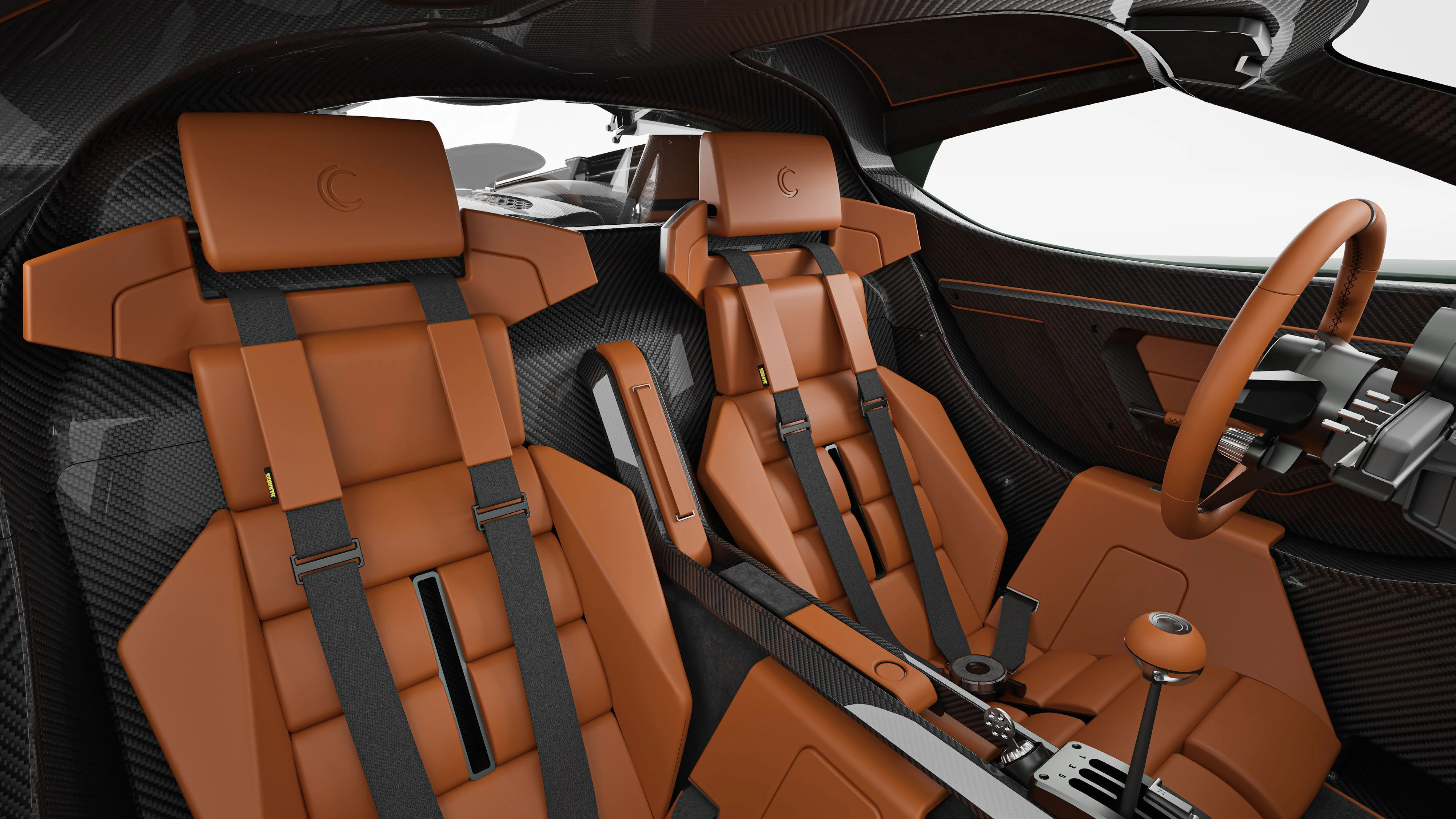 Tan leather Capricorn seats and the sculpted interior, photographed through the open door