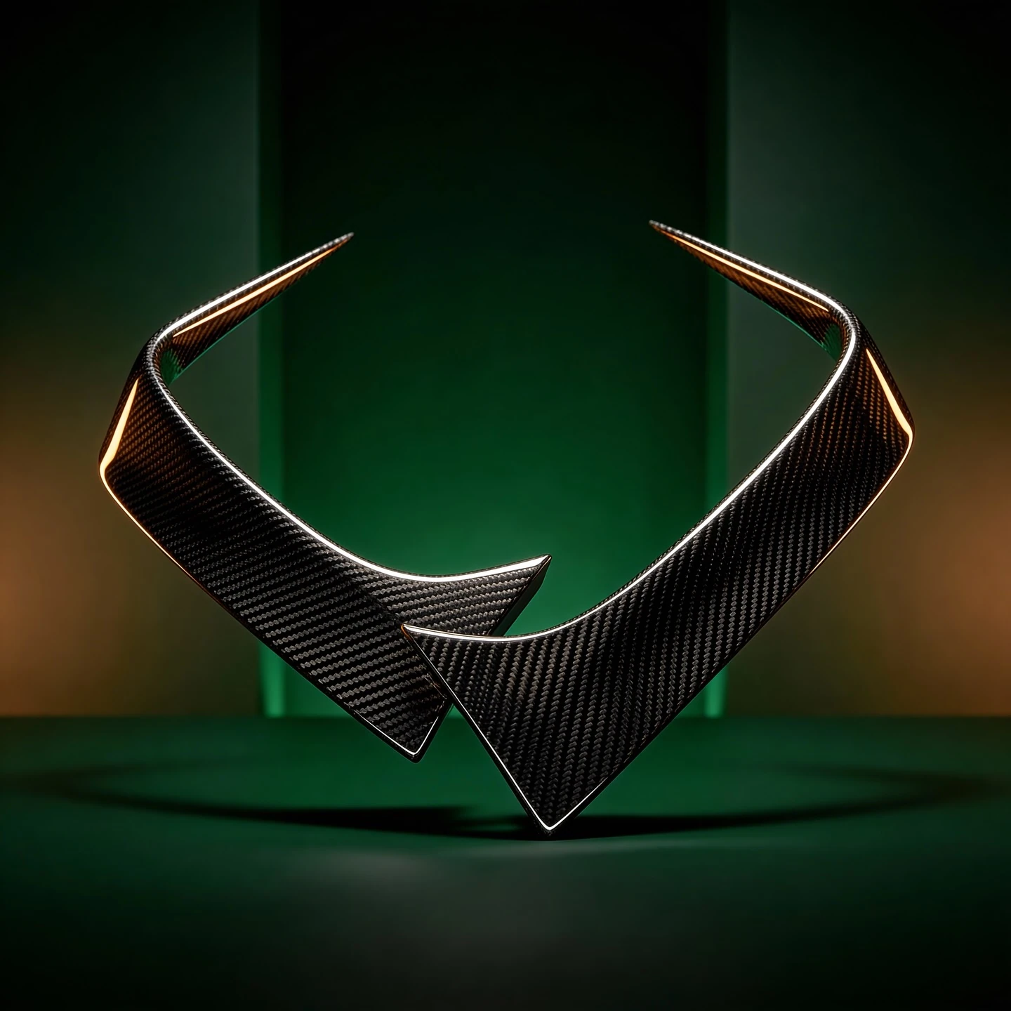 Sculptural OLIGARCH carbon components photographed against deep green