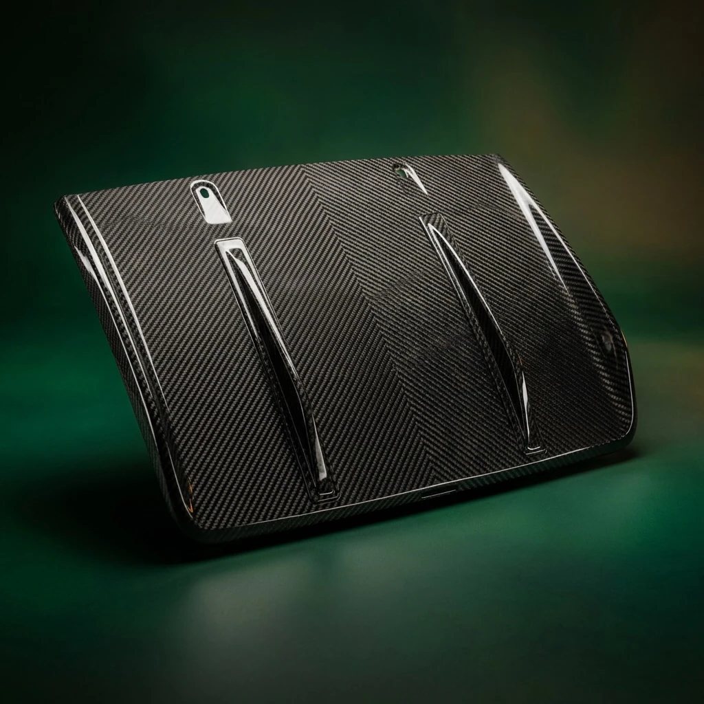 OLIGARCH carbon panel showing its weave and sculpted surface