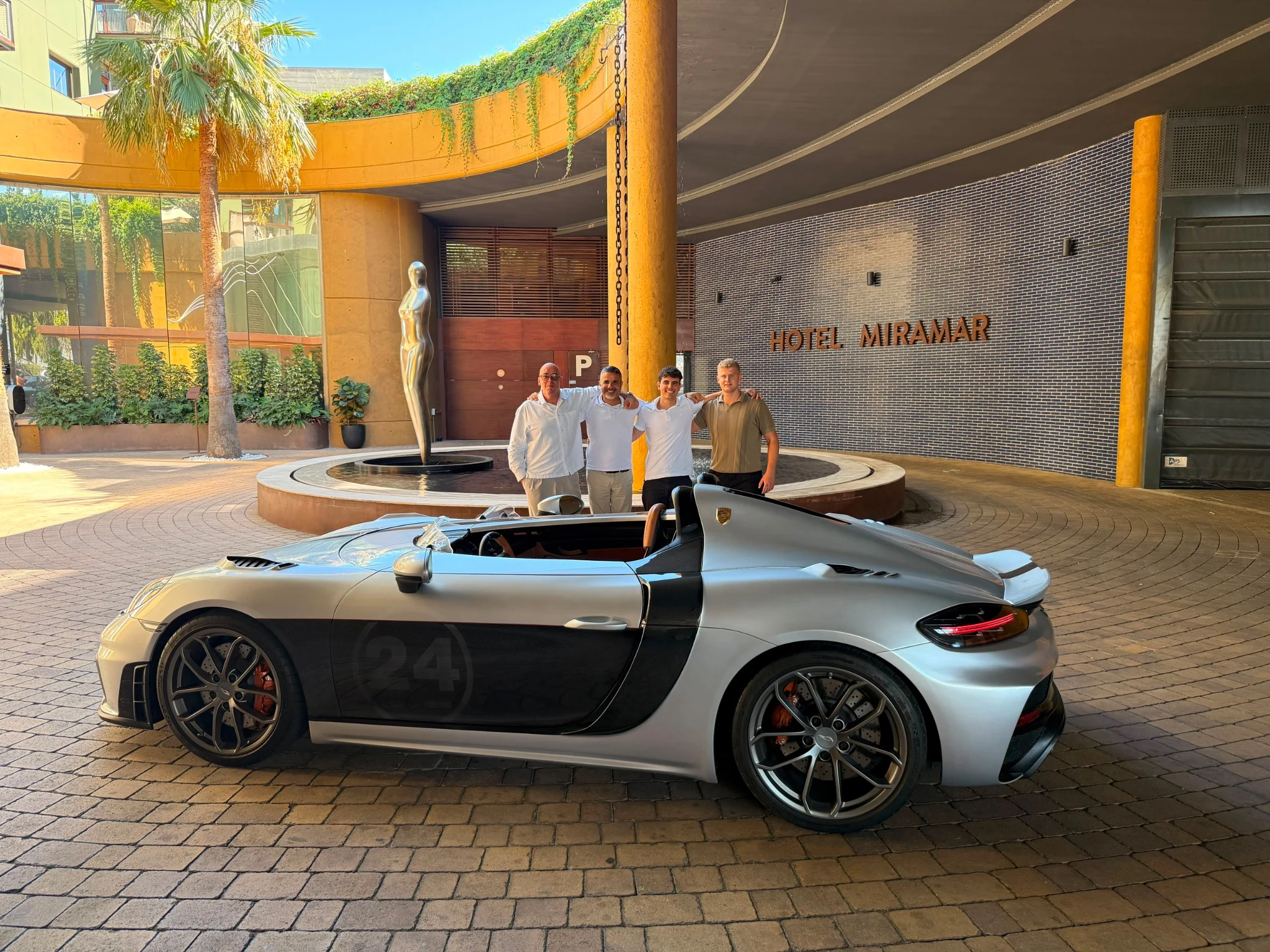 Nordic Motors with Iu and Josep Rubau and the silver Rubau Speedster outside Hotel Miramar in Barcelona