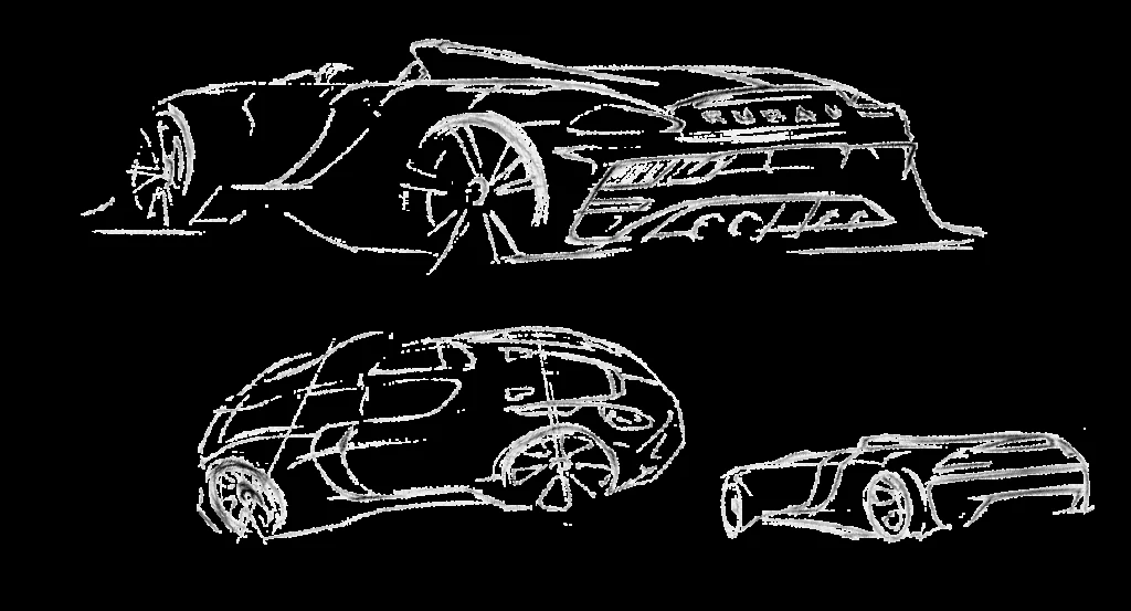 Rubau design sketches showing body shape and airflow